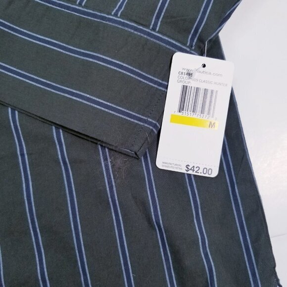 Nautica Sleepwear Shirt Men's Med Long Sleeve Button Up Green with Blue Stripes - Picture 4 of 11